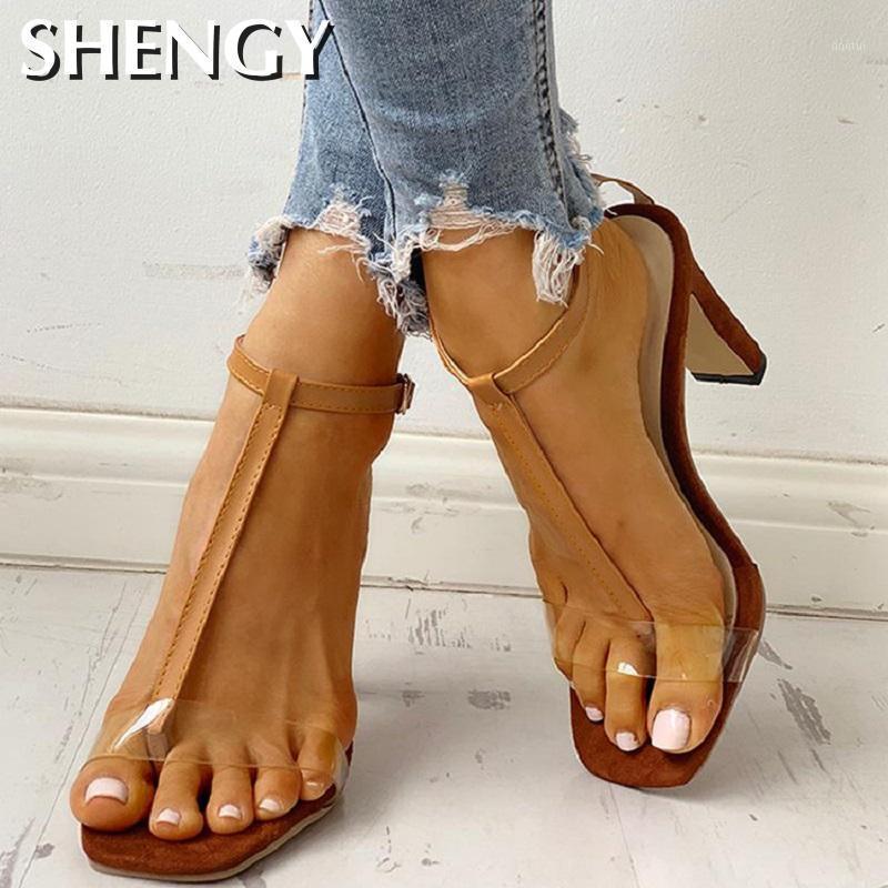 

2020 Summer Women Sandals Transparent High Heels Sandals Square Open Toe Ladies Party Shoes Sexy Clear T Strap Roman1, Brown