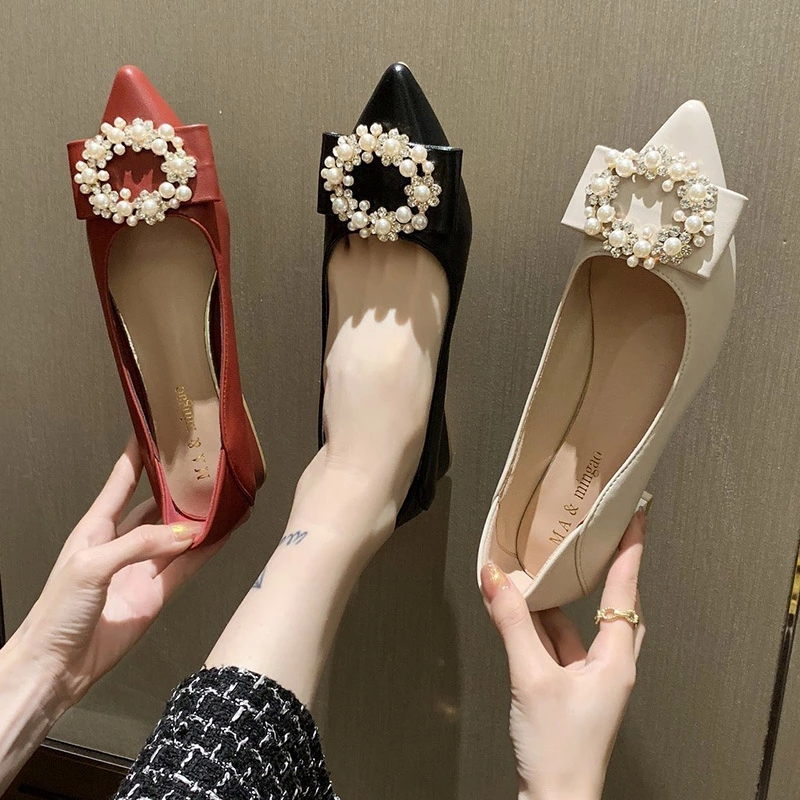 

3cm Women Pumps Pearls Boat Shoes Pointed Toe Dress Shoes Crystal Low Heel Office Lady Black Red Begie zapatos mujer 8766N #VP1O, Beige
