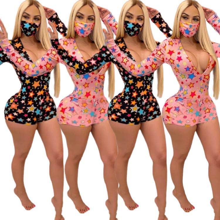 

Two Pieces Outfits Fashion Star Pattern Printing Women Jumpsuits 2021 Newest INS Sexy Lady Shorts Playsuits Deep V Neeck Long, Black