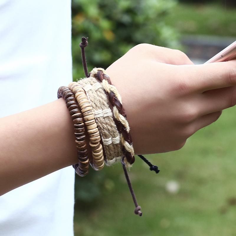

4Pcs/Set Boho Gypsy Hippie Punk light Dark Brown Coconut Wooden Beads Beige Cord Wrap Macrame Wrap Bracelets Set for Man