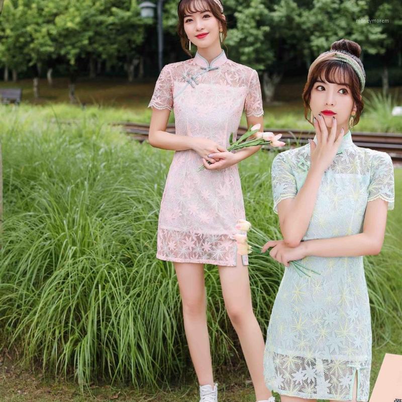 

Vintage Woman Cheongsam Dress Retro Traditional Chinese Style Lace Short Sleeve Mini Qipao Elegant Oriental Chinese Evening Dres1