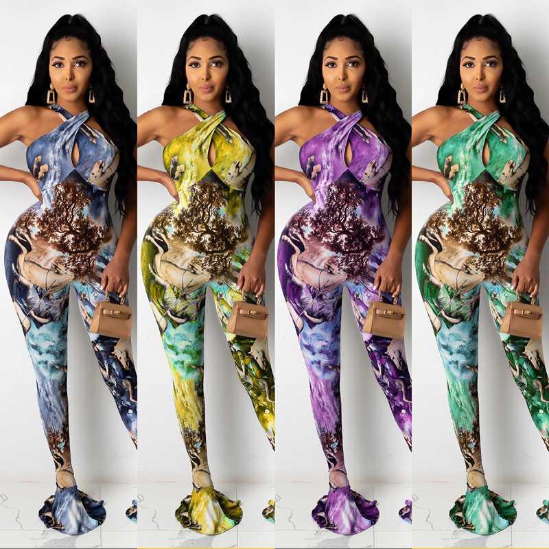 

Women's Printed Sleeveless Bellbottoms Jumpsuit Off-Shoulder Top and Long Flared Trousers One-Piece Garment, Purple