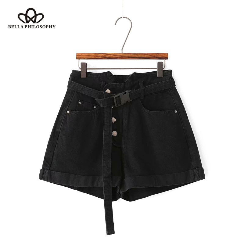 

Bella Philosophy Summer Shorts Women Vintage Casual Black Buttons Sashes Denim High Waist Mini Shorts Feminino Straight, White;black