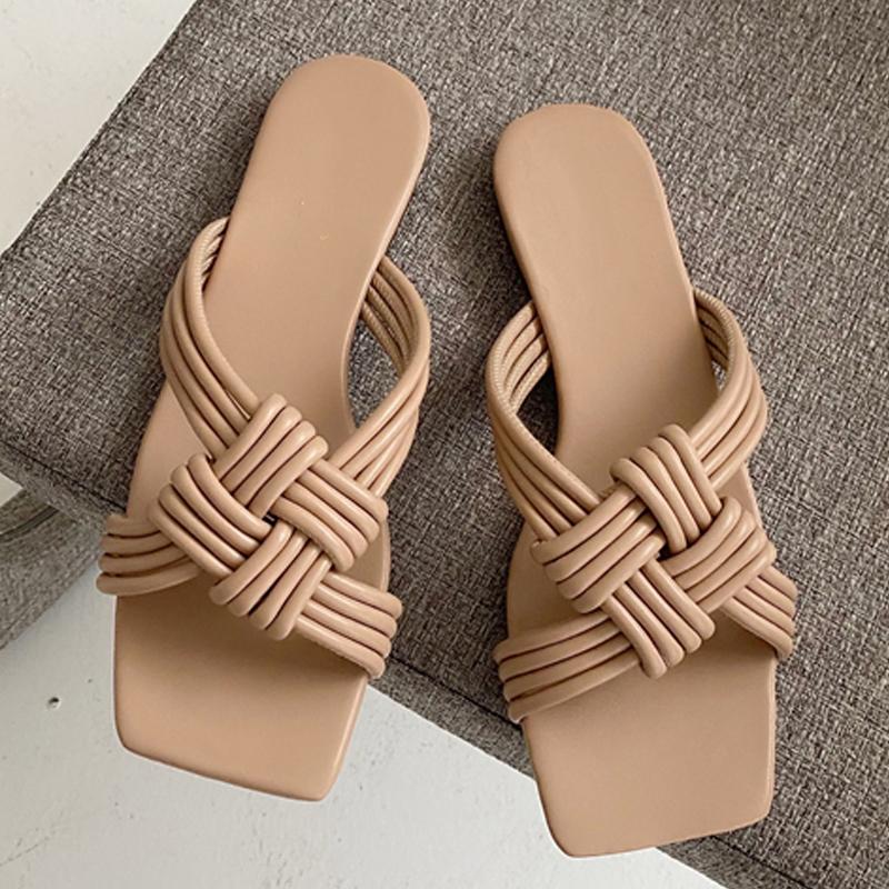 

2021 Slippers Women Fashion Weave Flat Heel Slides Sandals Shoes Casual Square Toe Female Flip Flops Summer Outdoor Beach Shoes, Khaki