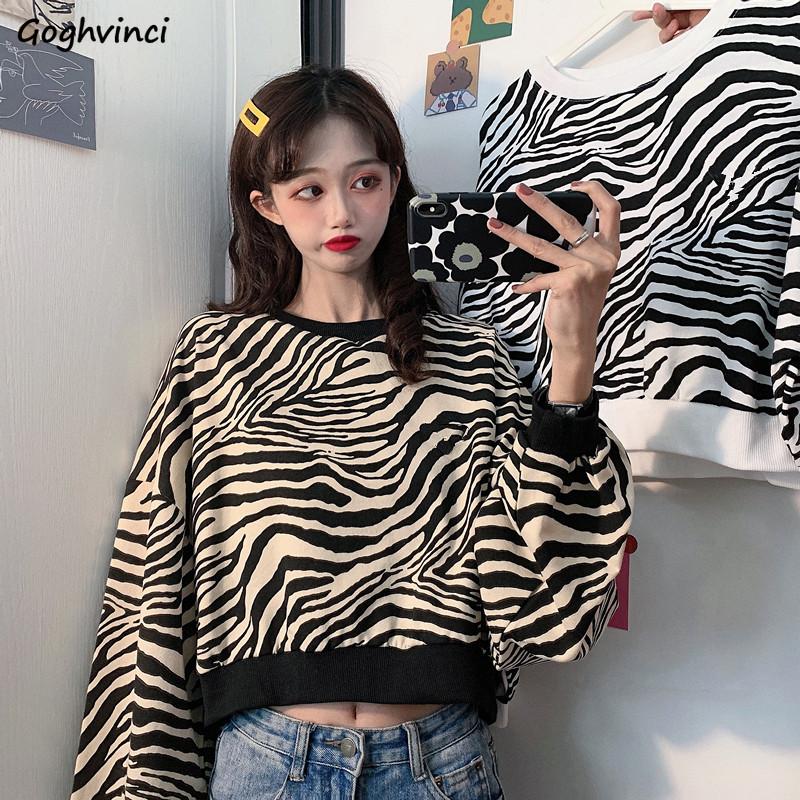 

Hoodies Sweatshirts Women Puff Sleeve Chic Zebra Pattern Ins Fashion All-match Autumn Crop Top Ulzzang Street Teens Vintage New, White