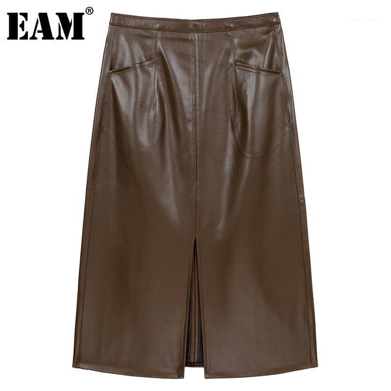 

EAM] High Waist Brown PU Leather Hem Vent Personality Half-body Skirt Women Fashion Tide New Spring Autumn 2021 1DD10771