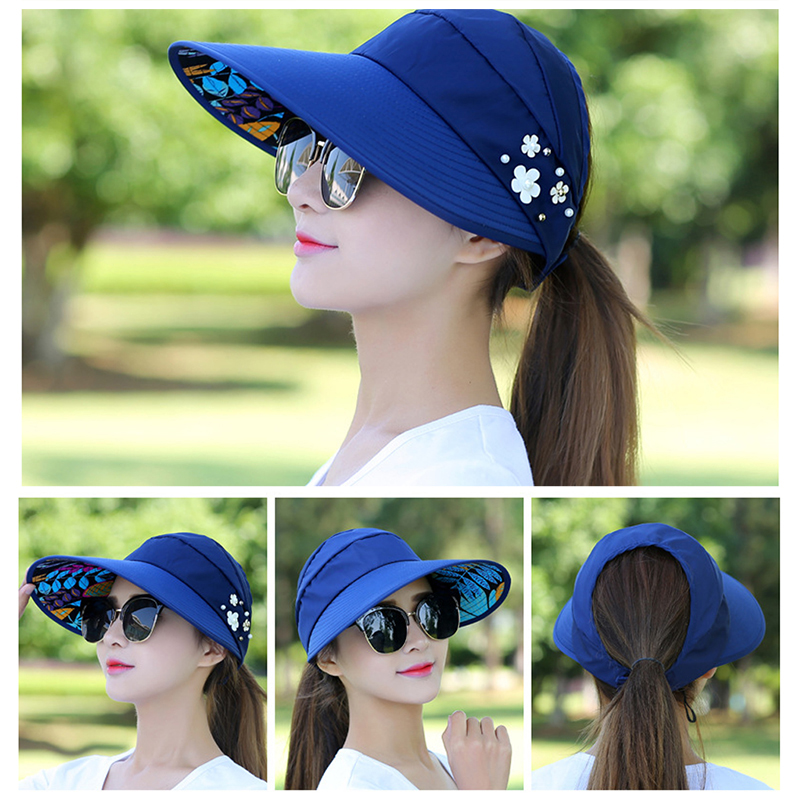 

2020 New Arrival Fashion Summer Sun Solid Beach Cap Visor Hat Solid Color Women Sunscreen Folding Hats Wide Brim Caps, Khaki