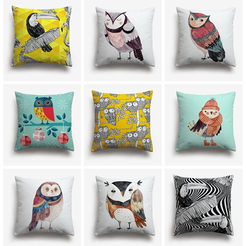 

Owls And Trees Pattern Cushions Cover Home Decor Yellow Background Decorative Pillows Pure White Linen Material Pillow Case1, Sl0105