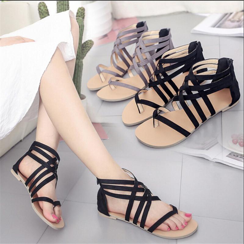 

Summer Women's Sandals Flip Flops Gladiator Sandals Shoes Cross Slip On Flats Shoes For Women Sandalias Plus Size 34-43 Flats, Black