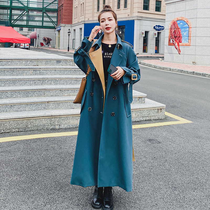 

2021 New Feminino Trench Coat Longspring Outono Novo Coreano Solto Pavo Azul Duplo Breasted Costura High-end Jaqueta Fy8 6sed, Peacock blue