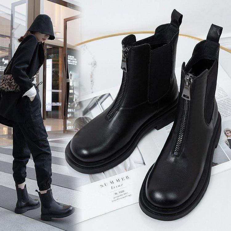 

2020 Winter Women's Shoes Boots ZIP Solid Round Toe Fashion Leisure Concise Low Heels Non-slip Warm Snow Boots, Black
