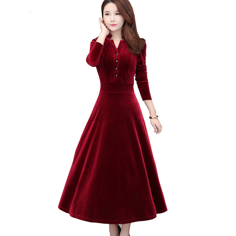 

2021 New Gorgeous Vintage Veet Fabric A-line Autumn Winter Streetwear Sleeve Women Robe Femme Casual Long Es Wzg0, Black