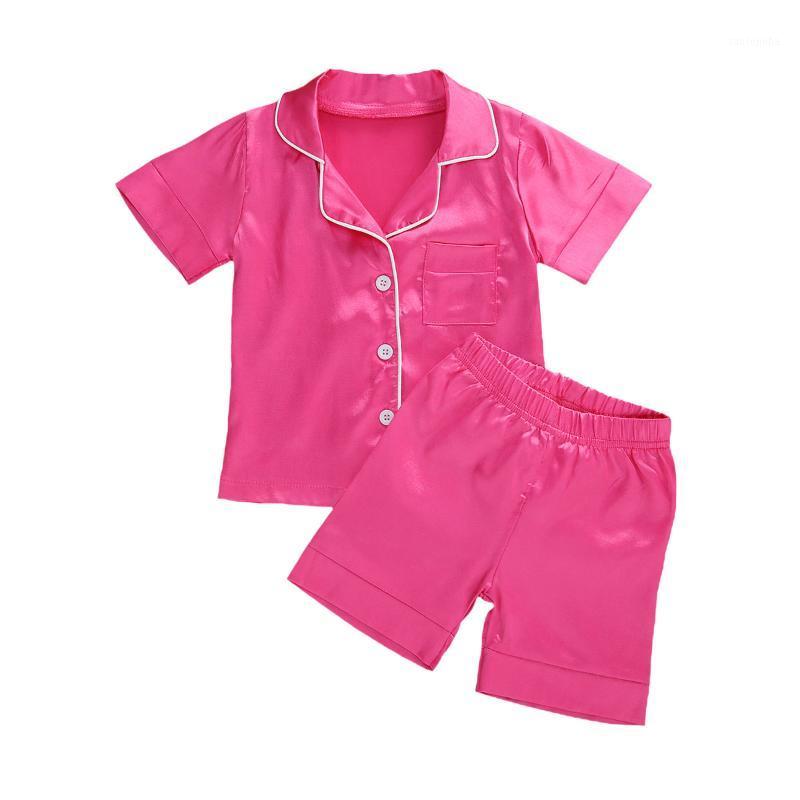 

2020 New Kids Summer Casual Satin Silk Pyjama Sets Rose Red Turn-Down Collar Top+Trousers 2Pcs Nightwear Homewear Set1, Short sleeve