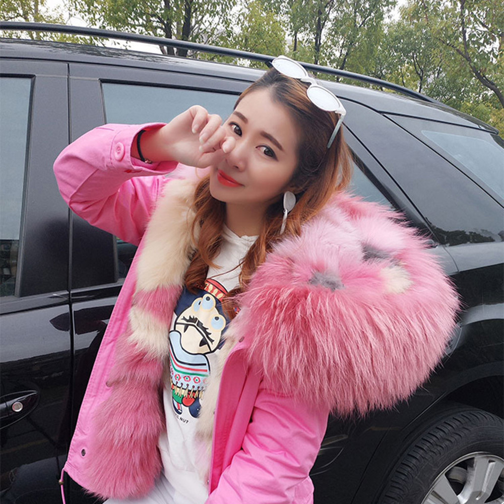 

2021 New Fox Skin Ice Cream Lining Raccoon Fur Coat Medium-length Parkers HLG2