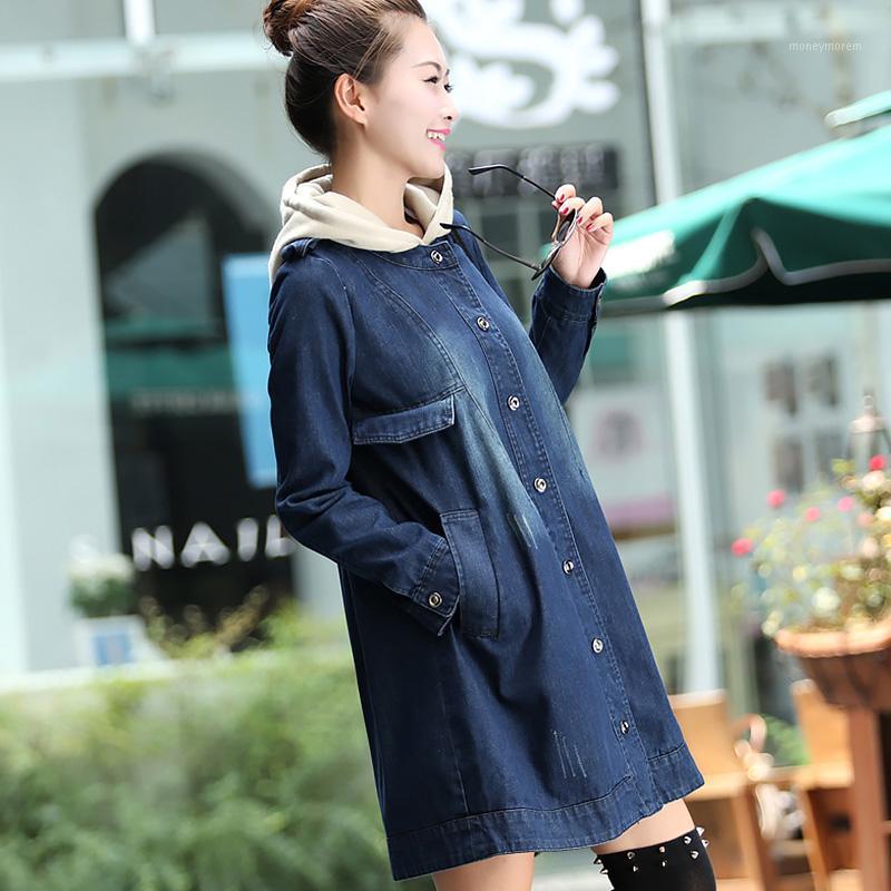 

Women Girls Blue Denim Trench Coat 2019 Autumn New Hooded Outwear Fashion Casual Loose Long Style Pockets Overcoat Plus Size 3XL1, As pic