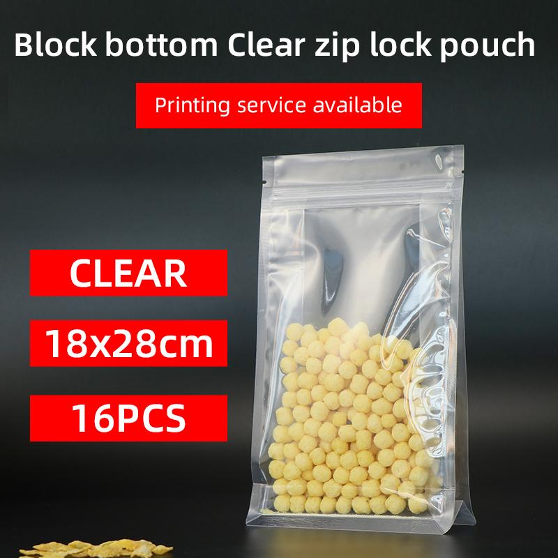 

18x28cm 16pcs block bottom stand up pouch with zipper clear plastic laminated flat bottom quad seal rice seed bag