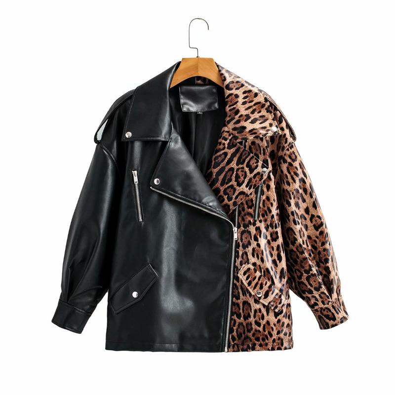 

Women's Jackets Loose Women Soft Faux Leather Jacket Leopard Patchwork Long Sleeve Pu Zipper Biker Lady Basic Coat Outerwear, Black;brown