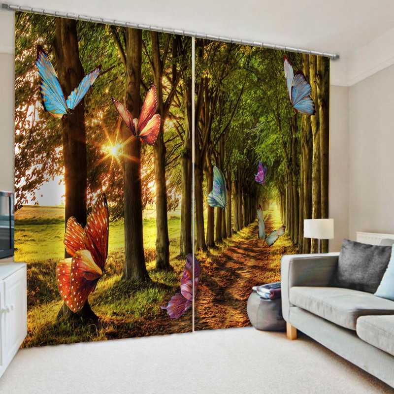 

Home Decoration Blackout 3D Curtain stereoscopic lifelike Custom forest curtains 2 set hook curtains, As pic