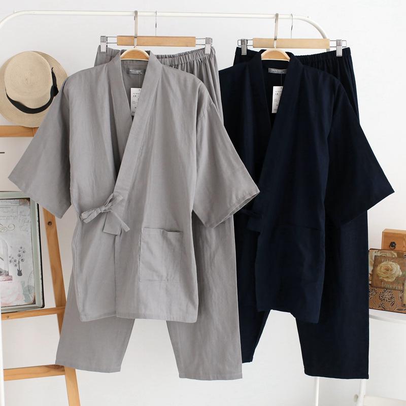 

Sleepwear Set Men's Cotton Kimono 2Pcs Robe & Pants Home Wear Loose Pajamas Suit Solid Nightwear With Pocket men kimono, Gray