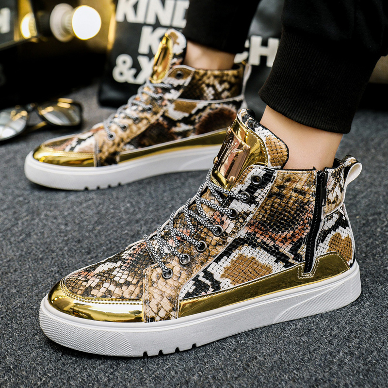 

Men High Top Sneakers Casual Shoes Luxury Gold Snakeskin Men Flat High Quality Hip-hop Animal Printed Designer Footwear, 1528 gold