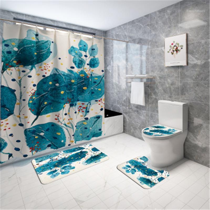 

4pcs/set Bathroom Mat Set Non-slip Bath Mat Coral Fleece Print Flower Shower Curtain Floor Washable Bathroom Toilet Rug1