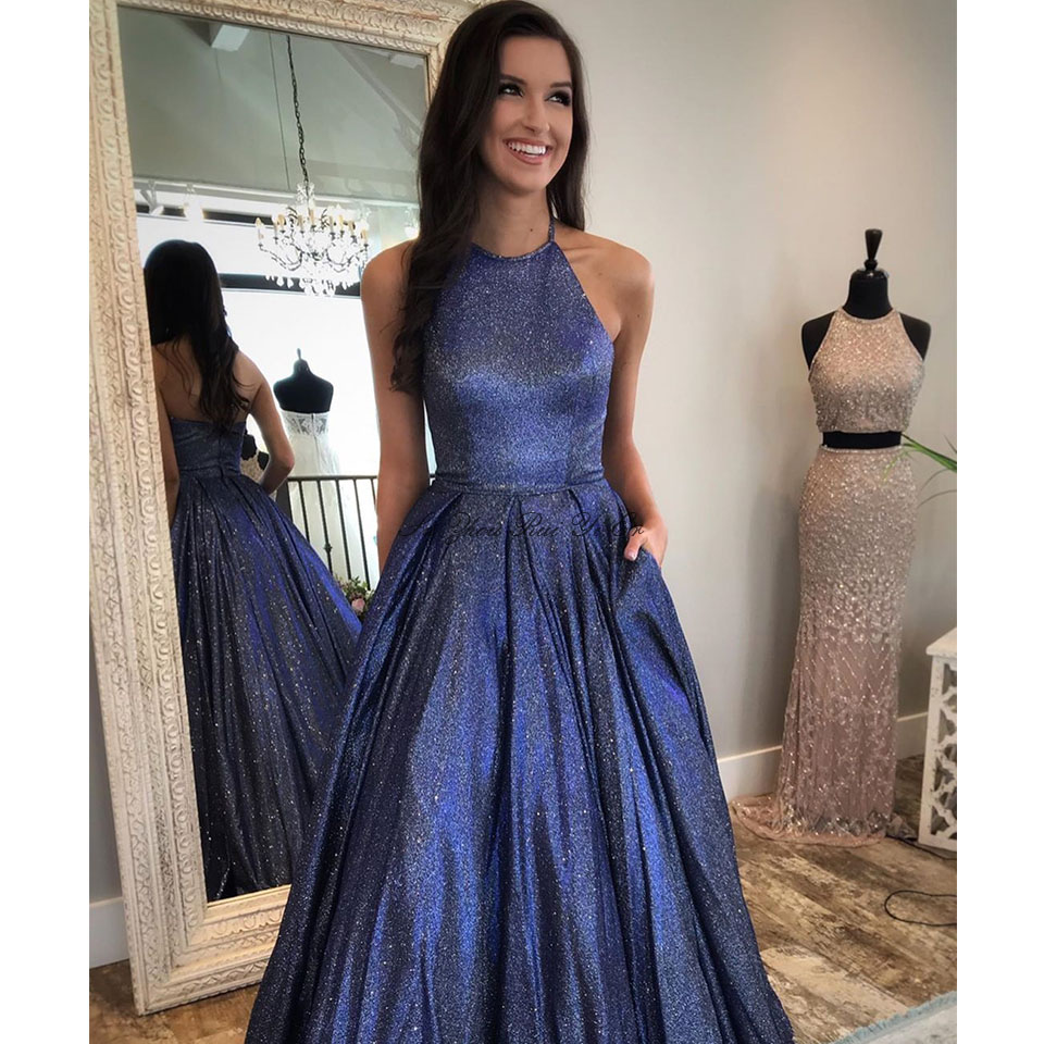 

Gorgeous Halter Prom Dresses 2020 Sparkly Long Dress Gown Lace Up Floor Length A-line Formal Dress With Pockets Vestido De Festa, Blue