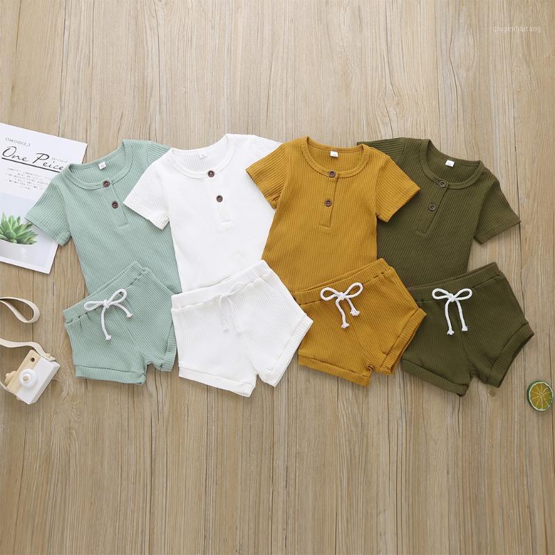 

Ribbed Knitted Baby Boys Girls Clothes Outfits Newborn Toddler Solid Short Sleeve Button T-shirt Tops Bowknot Shorts Set Summer1, Brown