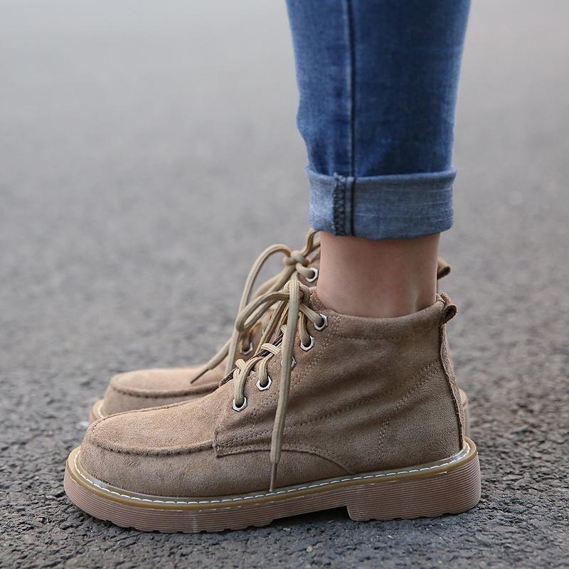 

Mori Girl Retro Womens Motorcycle Boots Flock Lace-up Boots Handmade Soft-Sole Short College Wind Flat Ankle, Fur green