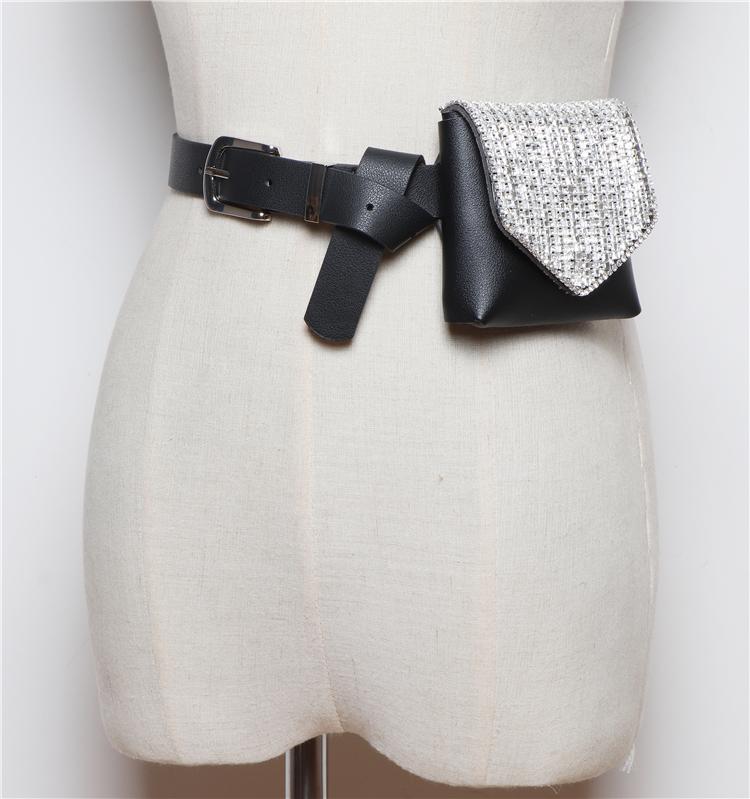 

2020 Autumn Bling Rhinestone Mini Fanny Packs Women Designer Black PU Leather Waist Belt Bag Street Female Money Waist Packs Bag