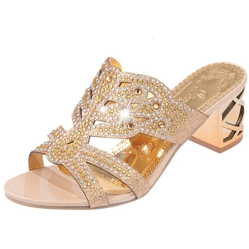 

Summer of Women Coarse New Rhinestones with Hollow Word Drag Fish Mouth and Women's Slippers Big Size Sandals Id80, 01