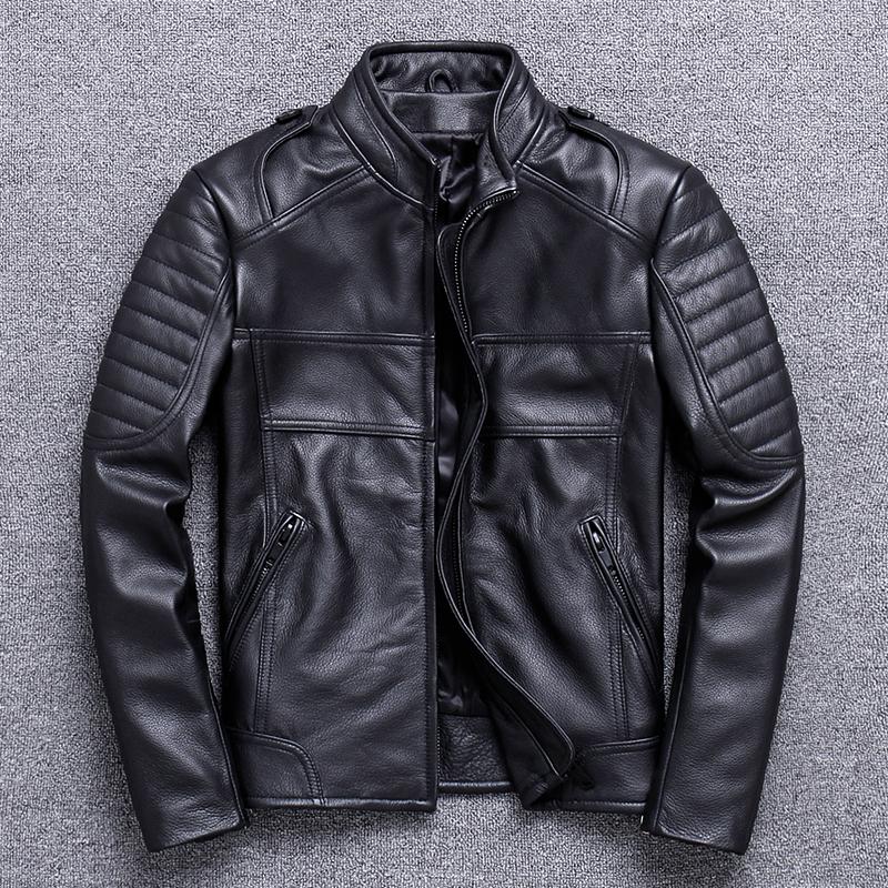 

Genuine Leather Jacket Men 100% Cow Leather Coat Spring Autumn Short Motorcycle Biker Jacket Cowhide Chaqueta Hombre 820 KJ4309, Black