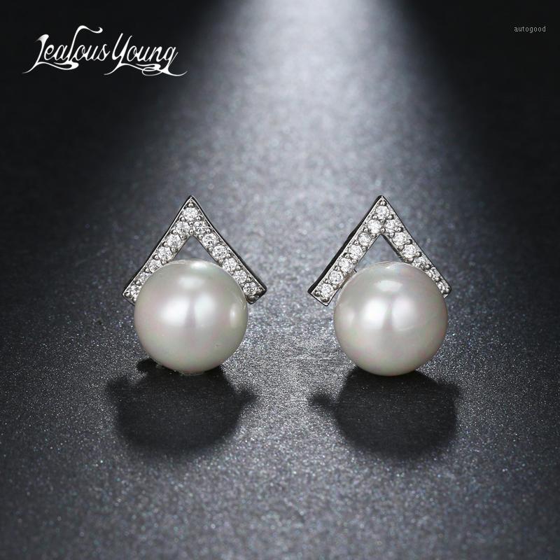 

Stud 2021 Triangle Design Women Big Round White Pearl Earrings With Cubic Zirconia Stone Kiorean Gift1