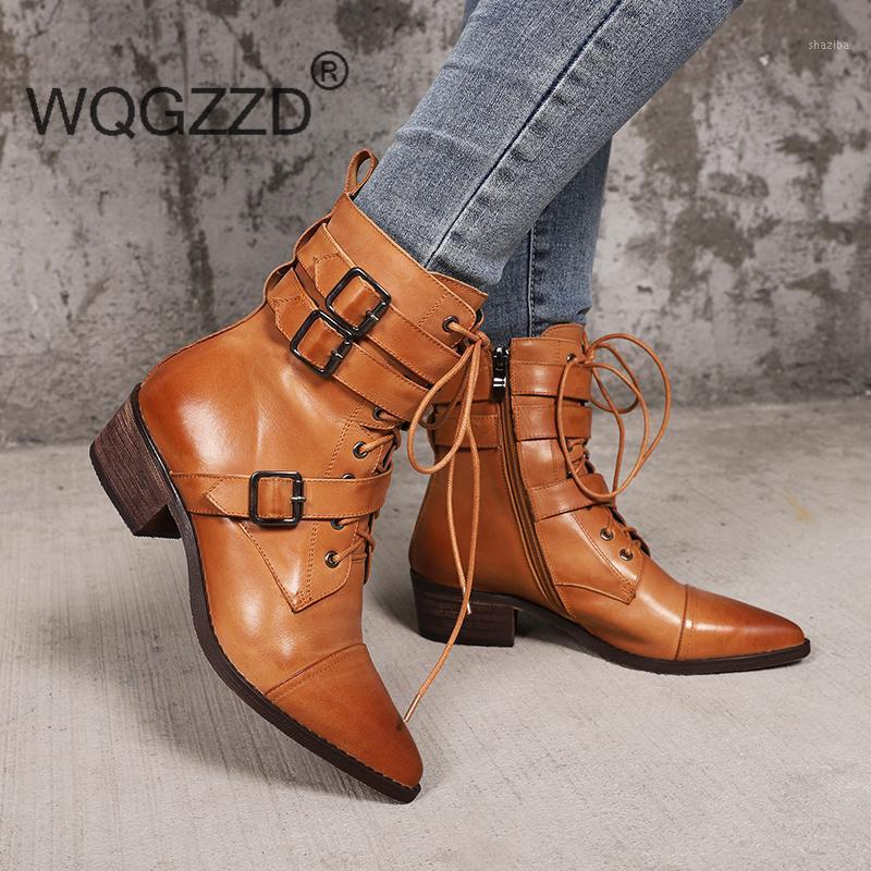 

ankle boots women's winter shoes genuine leather buckle decoration Motorcycle boots zapatos mujer1, Brown