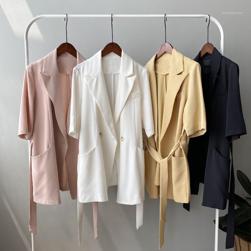 

2020 New Women Summer Blazer Thin Coat Half Sleeve Turn Down Collar Women Spring Coat With Belt Casaco Feminino Tops For1, Black