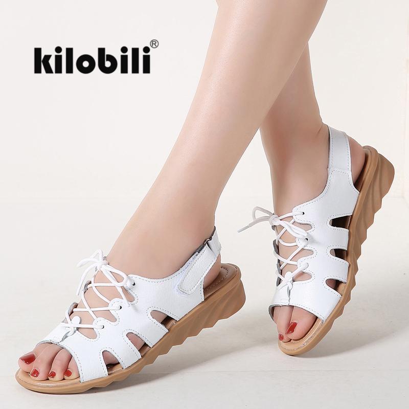 

kilobili 2018 New Summer Women Sandals Shoes Flat Lace up Comfortable Leather Sandals Lady Shoes Woman Gladiator Sandalias1, White kl.jj.1808