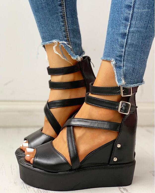 

New Summer Platform Sandals 2020 Fashion Women Cross Strap Sandal Wedges Heel Shoes Casual Woman Peep Toe Sandalia Feminina1, Black flock