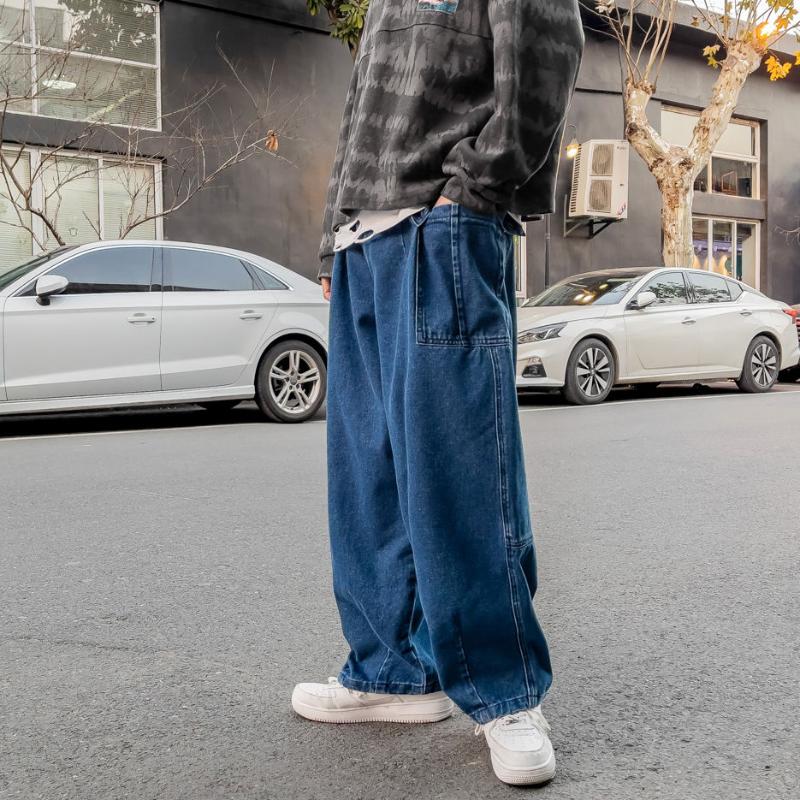 

2021 Men's Hip Hop Streetwear Black/blue Casual Pants Baggy Homme Wide Leg Pants Classic Cargo Pocket Jeans Biker Denim Trousers, Deep blue
