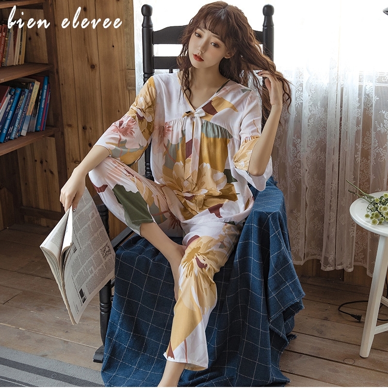 

Women's Sleepwear Sets Floral Printing Pajamas Suits Casual Large Size Home Clothes Loose Style Nightwear Female Pijamas PJ Sets 201113, Color 01