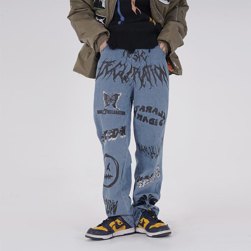 

2021 Spring Men's Clothes Graffiti Jeans Harajuku Hip hop Baggy Jeans Streetwear Black Goth trousers Y810