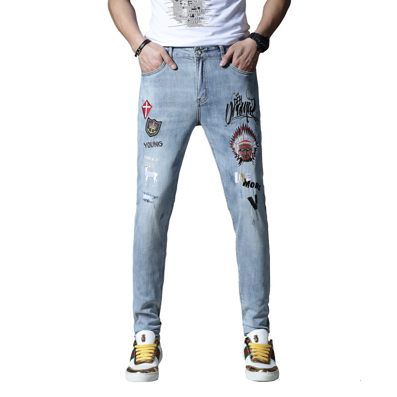 

2021 Skinny New Patched Ripped Jeans for Men's Stretcher Pants Embroidered Hip Cotton Wool Summer Blue Spring B19C, Sky blue.