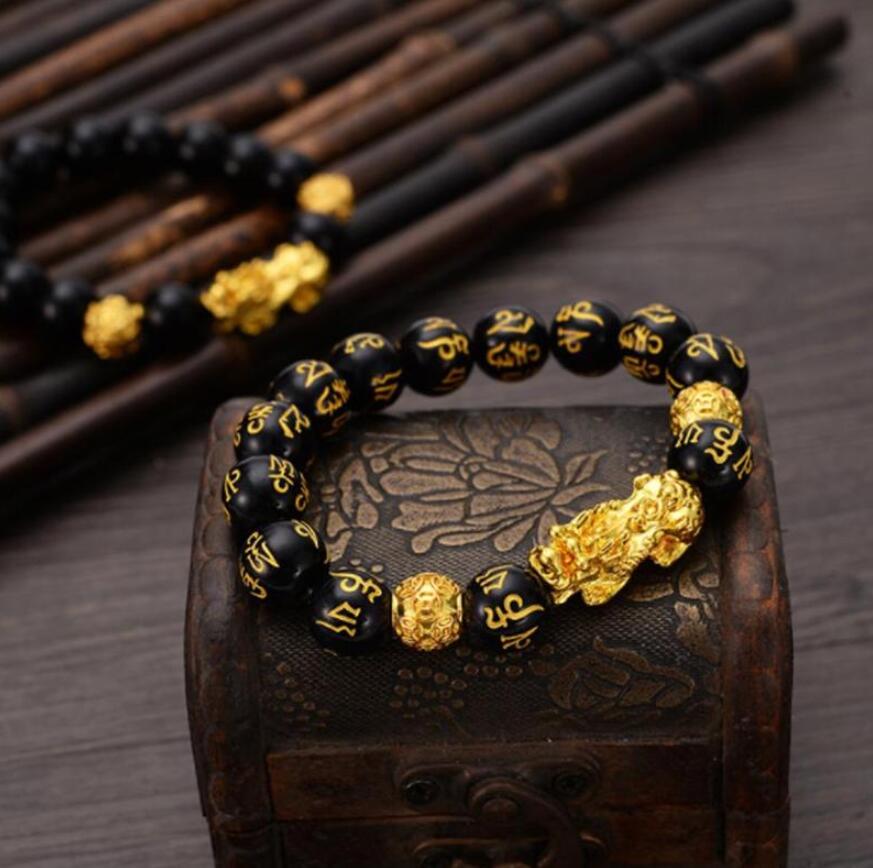 

Feng Shui Obsidian Stone Beads Bracelet Men Women Unisex Wristband Gold Black Pixiu Wealth Good Luck Women Bracelet In stocks