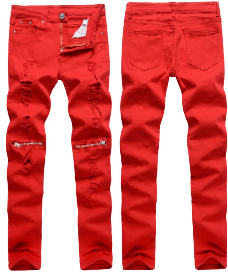 Men Ripped Denim Pants Distressed Freyed Slim Fit Jeans Destroyed Zipper On Knee Stretch Jean Trousers-image-408106869