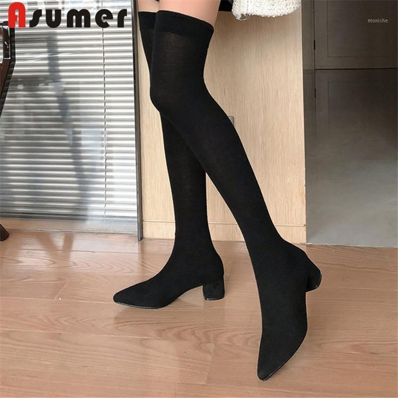 

ASUMER Hot sale over the knee boots thick high heels black stretch boots fashion sexy ladies party club thigh high1