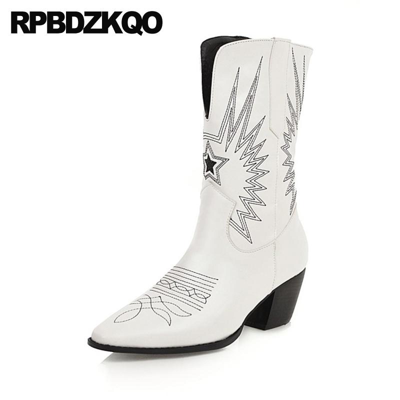 

high heel 12 44 mid calf black big size cowgirl pointed toe women plus chunky shoes embroidered embroidery western boots cowboy