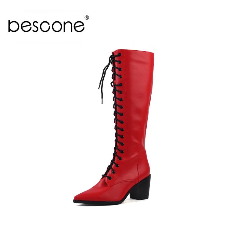 

BESCONE Ladies Knee-High Boots Comfortable Short Plush Square Heel Lace-Up Shoes Pointed Toe Super High Heel Women Boots BY183, Red