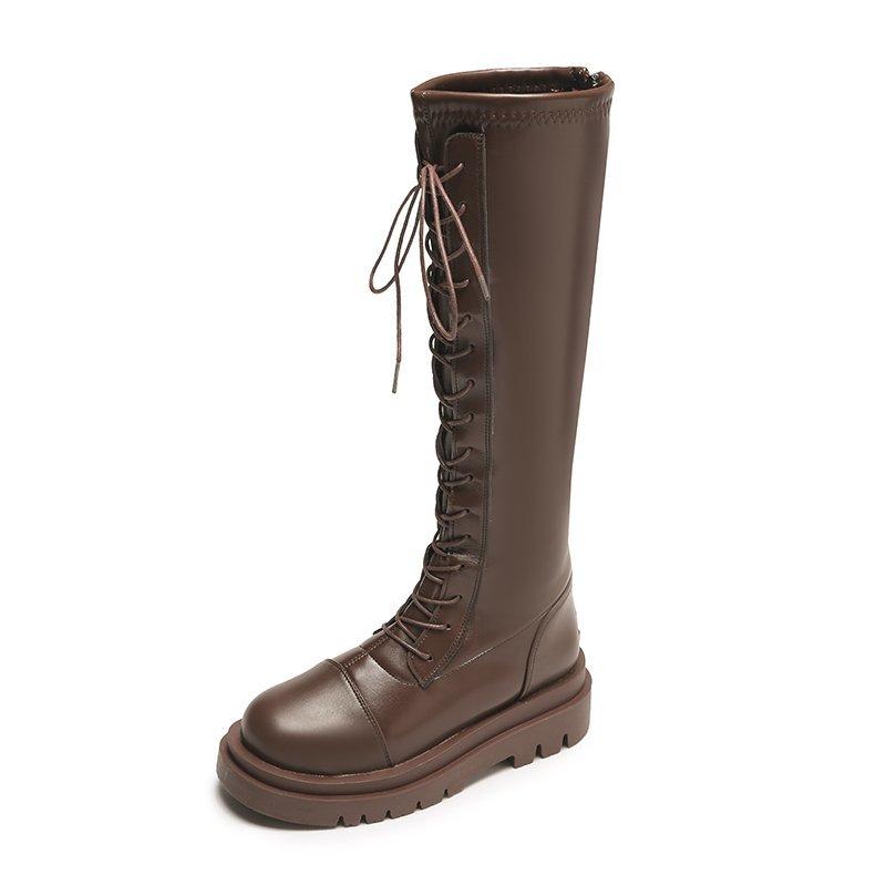 

New Arrival Quality Knee High Boots Platform Zipper Side Woman Winter Retro Plush Boots Lace Up Boot, Black