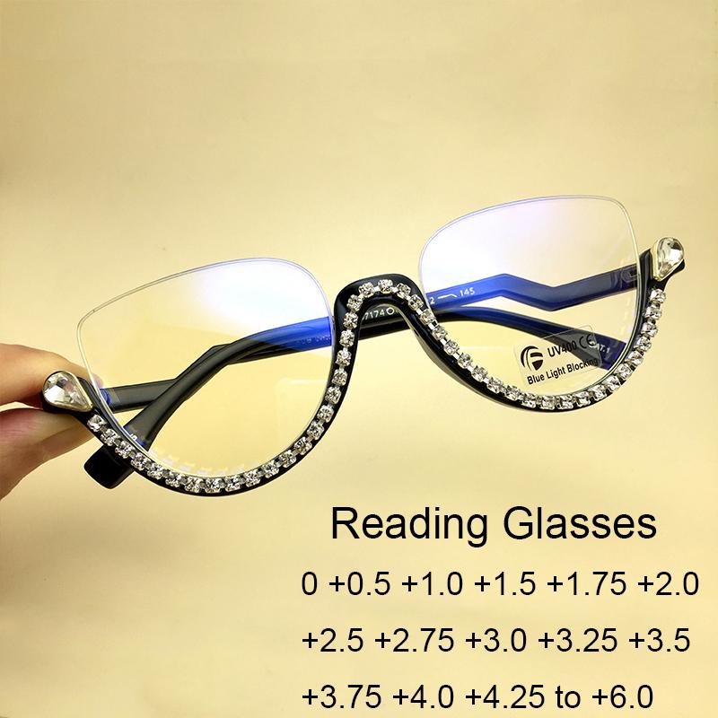 

Sunglasses Half Frame Reading Glasses Clear Lens Anti Blue Light Magnifying Vintage Crystal Diamond Eyeglasses Frames For Women 0.5