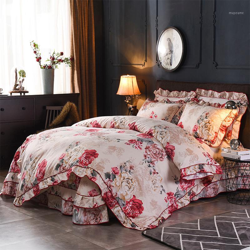 

Vintage style Floral Ruffle Zipper Duvet Cover Bed Sheet Pillowcase Lightweight Microfiber Soft Bedding sets Queen size 4Pcs1, Color 6