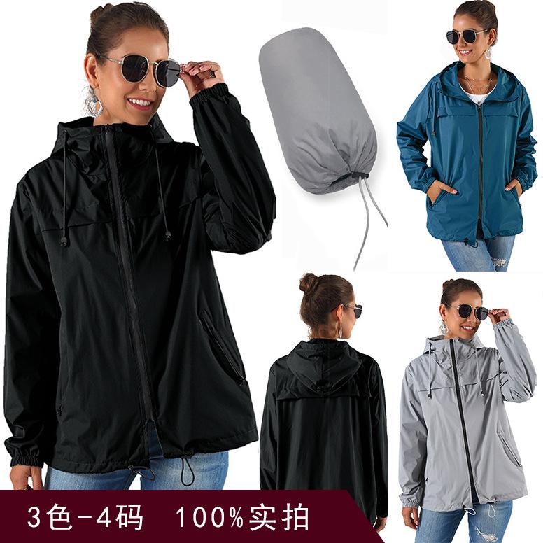 

Women' waterproof raincoat windcoat outdoor hooded rain with bag. korean clothes woman jacket trench coat, Black