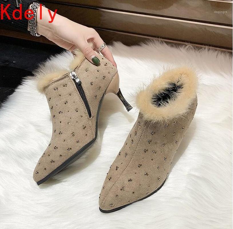 

Rivet Women Ankle Boots Pointed Toe Thin Mid Heels Short Ankle Boots Ladies Spring/Autumn Botas Slip on Fashion Black Brown Boot1